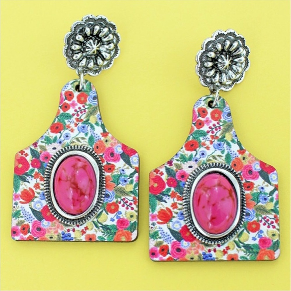 CLOSET CLEAR OUT! Fuchsia Stone & Floral Wood Cattle Tag Earrings